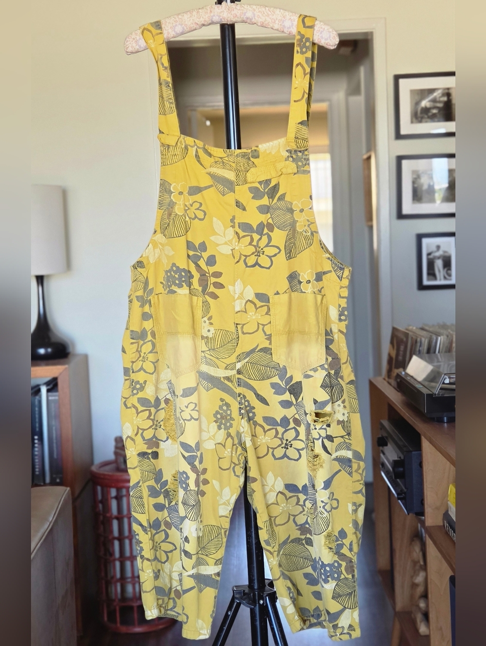 Monthorigin Mustard Yellow Floral Cotton Overalls Lagenlook Size L